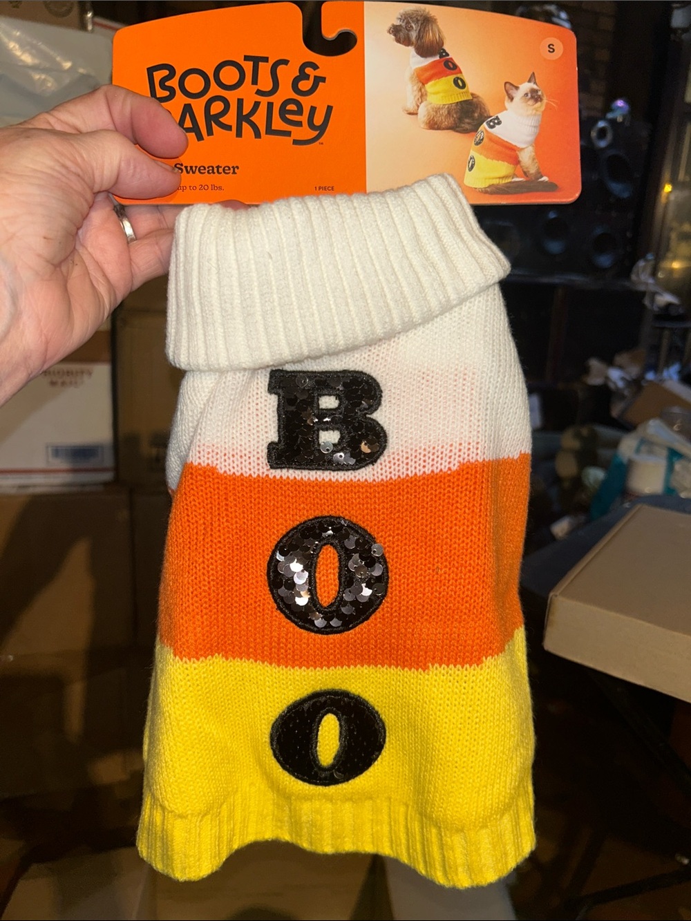 Boots & Barkley Knit Pet Sweater in White, Orange, Yellow with 'BOO' Sequins